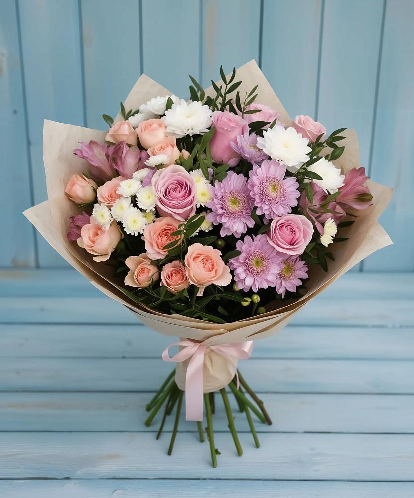 Букет цветов из: Хризантемы, Розы и Альстромерии в Петровке