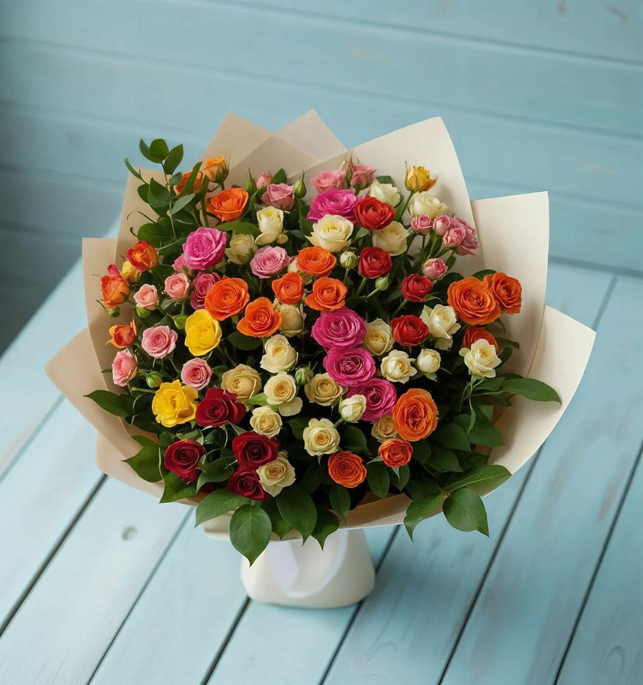 Букет Микс из разноцветных кустовых роз в Петровке