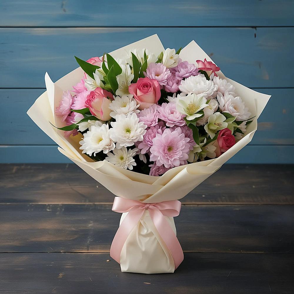 Букет цветов из: Хризантемы, Альстромерии и Розы в Петровке